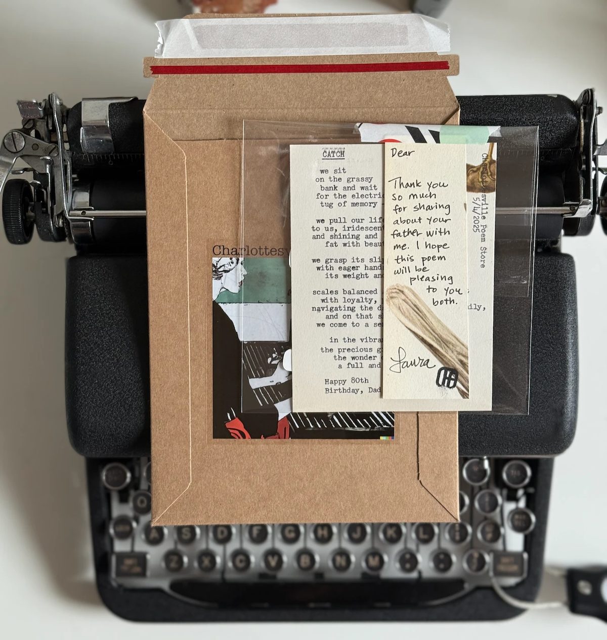 A commissioned typewritten poem and a handwritten note in a clear sleeve on a kraft mailer