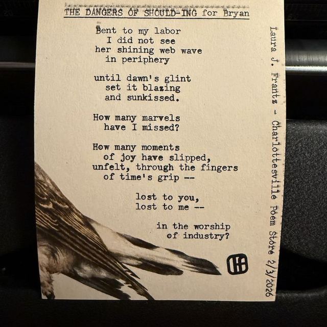 Custom poem &ldquo;The Dangers of Should-ing&rdquo; typed on a vintage typewriter, stamped with the poet&rsquo;s chop