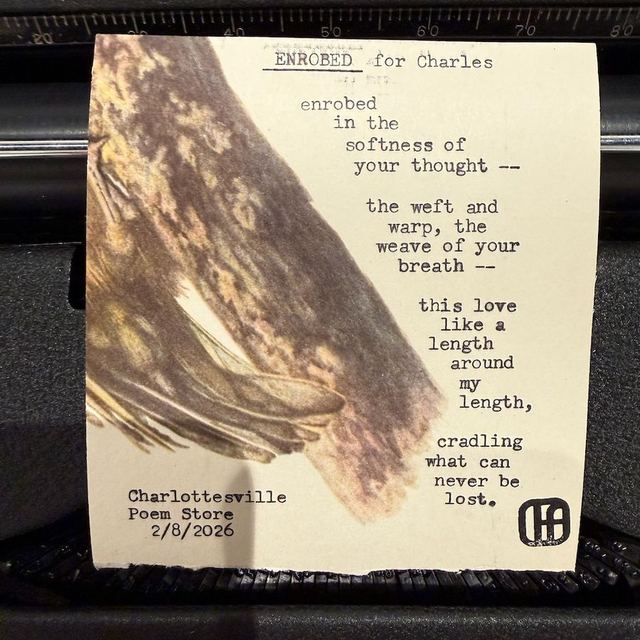 Custom poem &ldquo;Enrobed&rdquo; typed live on vintage paper with a bird illustration