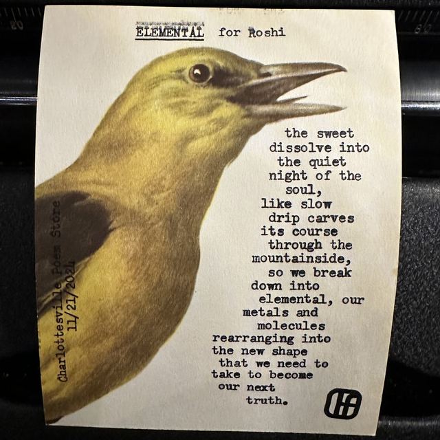 Custom poem &ldquo;Elemental&rdquo; typed on vintage paper beside a printed yellow bird