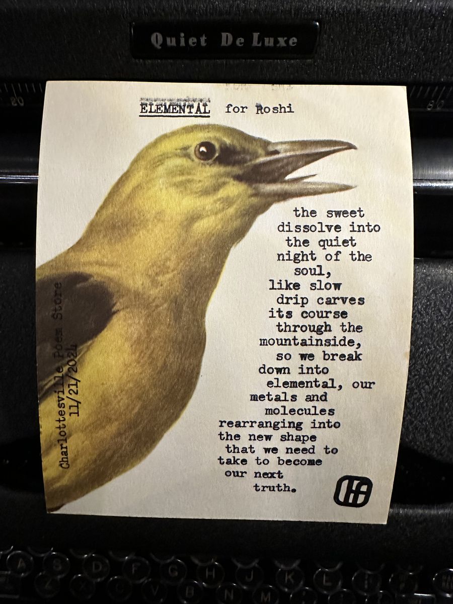 Typewritten poem titled Elemental, for Roshi, beside a vintage illustration of a yellow bird