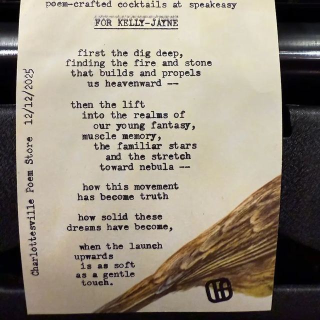 Typewritten poem for a guest at Poem-crafted Cocktails at Speakeasy & Whiskey Bar, on vintage bird paper