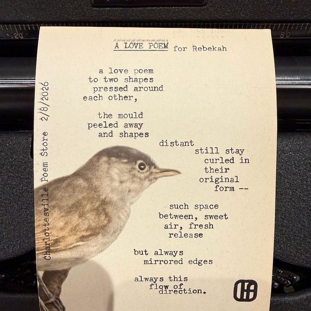 &ldquo;A Love Poem&rdquo; typed live for a guest on vintage paper with a wren illustration