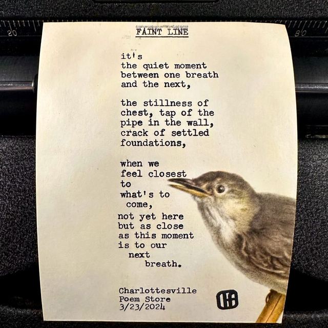 Custom poem &ldquo;Faint Line&rdquo; typed on vintage bird paper, stamped with the poet&rsquo;s chop