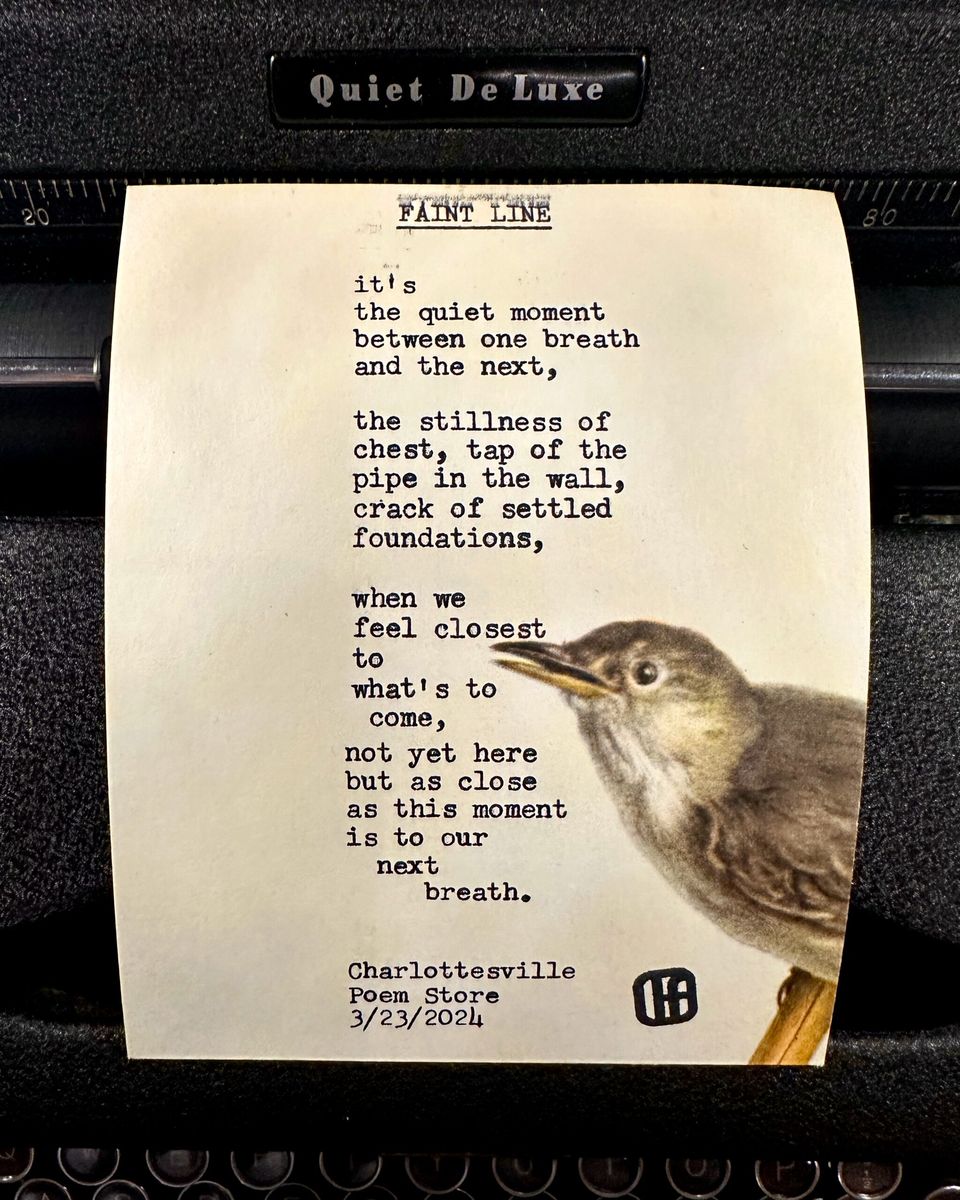 Typewritten poem titled Faint Line beside a vintage illustration of a small brown bird