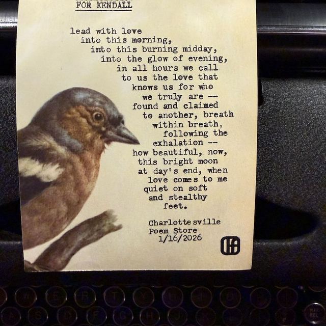 Love poem typed live for a guest on vintage paper with a finch illustration