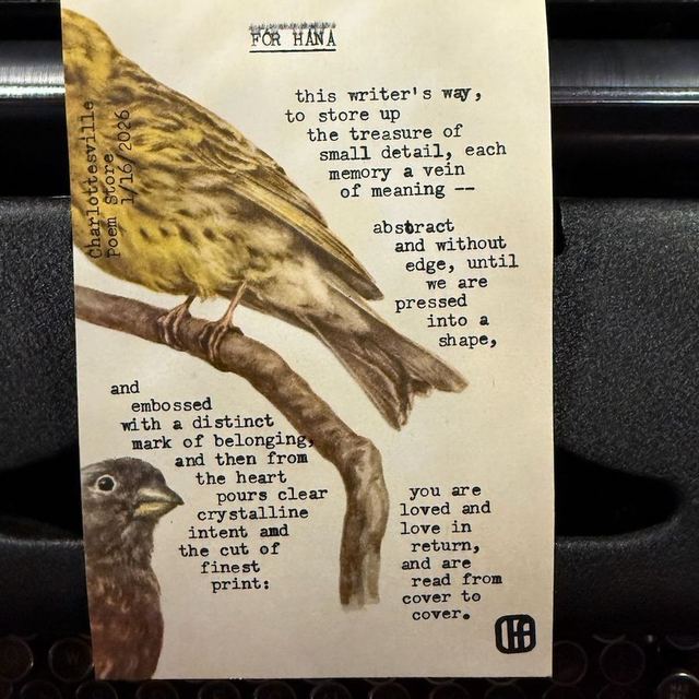 Custom poem typed on vintage paper with an illustration of a bird on a branch