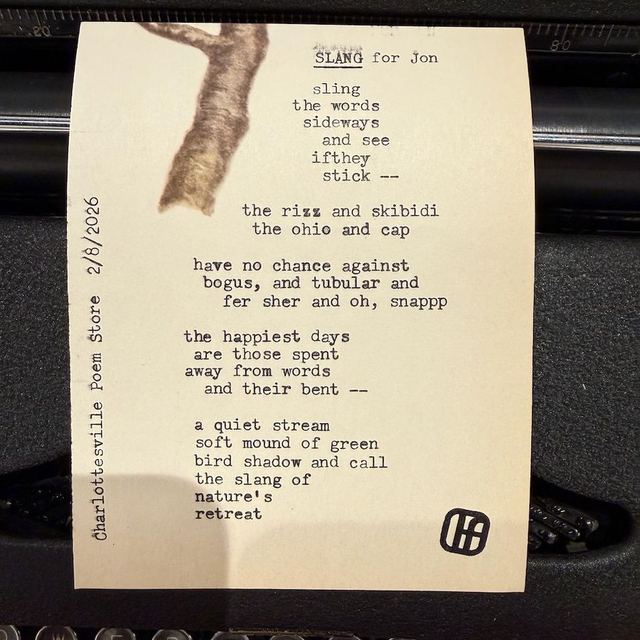 Custom poem &ldquo;Slang&rdquo; typed live for a guest on vintage bird paper