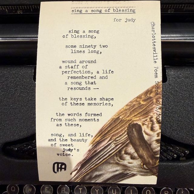 Custom poem &ldquo;Sing a Song of Blessing&rdquo; typed on vintage bird paper