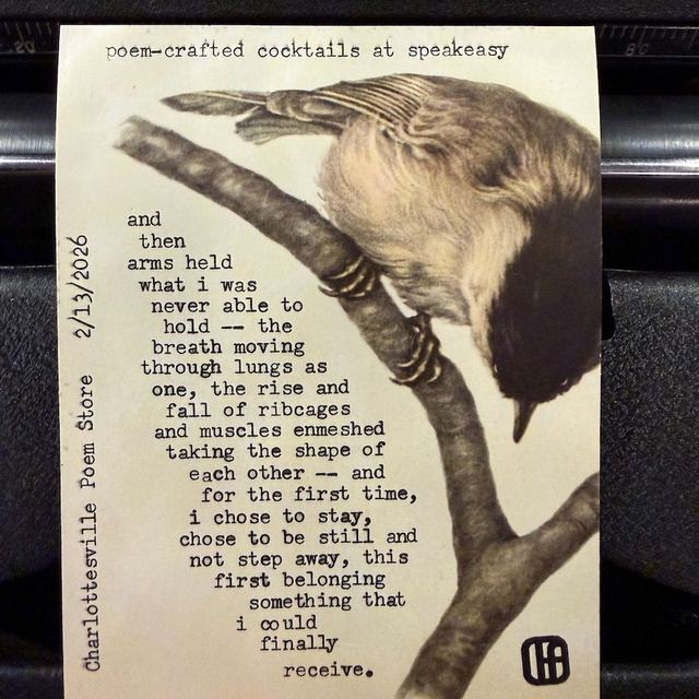 Poem typed live at Poem-crafted Cocktails at Speakeasy & Whiskey Bar, on vintage paper with a chickadee illustration