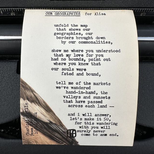 Custom poem &ldquo;Our Geographies&rdquo; typed live on a vintage typewriter