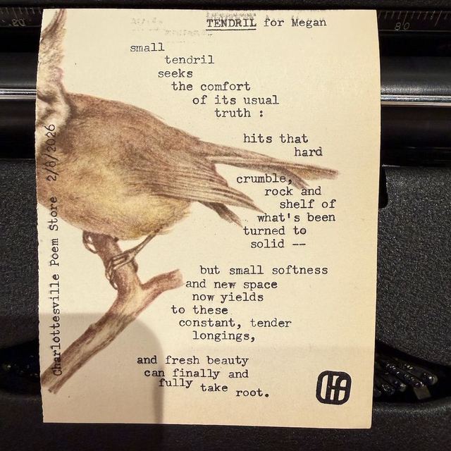 Custom poem &ldquo;Tendril&rdquo; typed on vintage paper with a bird illustration