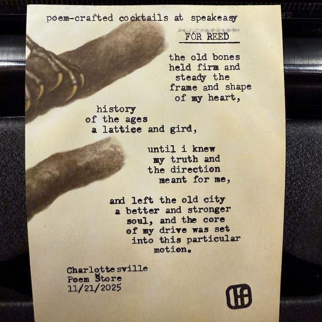 Custom poem typed at Poem-crafted Cocktails at Speakeasy & Whiskey Bar, on vintage bird paper