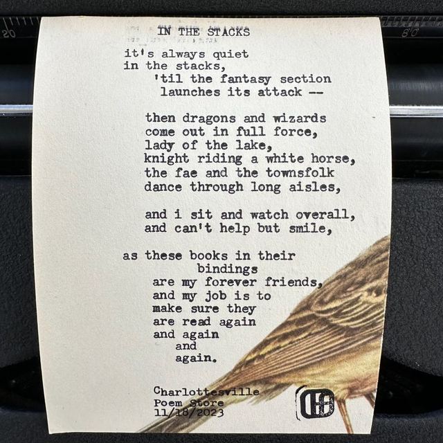 Custom poem &ldquo;In the Stacks&rdquo; typed on vintage paper with a bird illustration