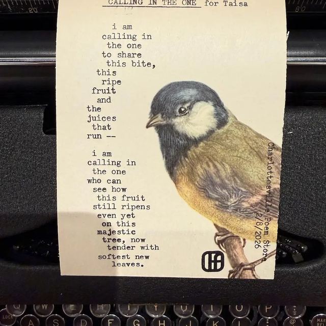 Custom poem &ldquo;Calling in the One&rdquo; typed on vintage paper with a blue tit illustration
