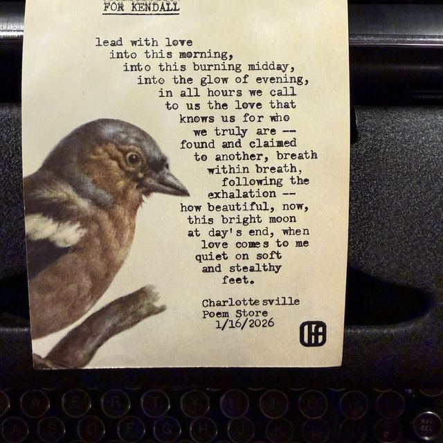 Love poem typed live for a guest on vintage paper with a finch illustration